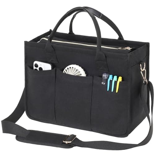 F-color College Tote Bag for School - Large Nurse Bag Zipper Pockets, Black - Image 1