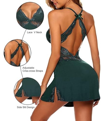 XJG Sexy Night Gowns for Women Babydoll Lingerie Dress Lace Trim Sleep Dress Chemise Nightgowns Side Split Nighty Dark Green - Thumbnail 3