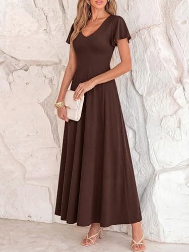 BTFBM Formal Dresses for Women Summer Outfits V Neck Ruffle Sleeve A Line Maxi Elegant Cocktail Wedding Guest Dress 2026(Brown, XX-Large) - Thumbnail 5