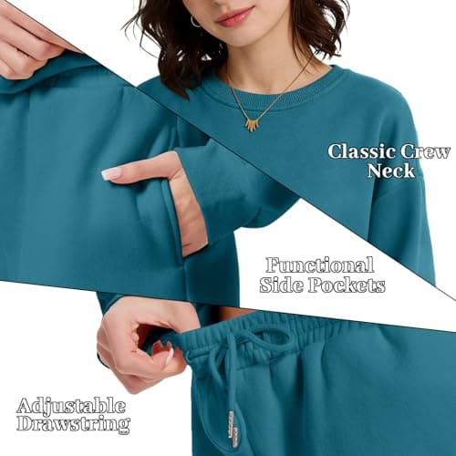 Anyshe Women's 2 Piece Fleece Lined Short Set - High Waisted Crew Neck Sweatshirt & Shorts, Soft Cozy Loungewear for Air Conditioned Rooms & All Season Wear, Denim Blue, Small - Thumbnail 6