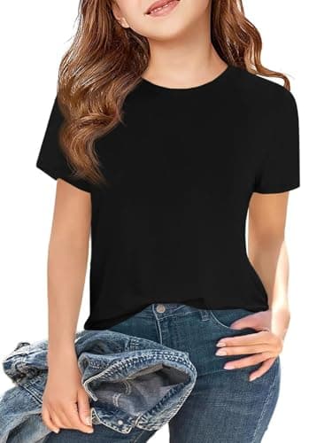 Girls Summer T-Shirts Loose Fit Crewneck Short Sleeve Basic Tees 5-14 Years Trendy Everyday Tops for Girls 2026 Black - Image 1