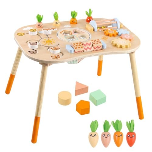 Wooden Activity Table for 1 Year Old Toddlers Sensory Table Activity Center 1-3 2 Baby Activity Table Kids Gift Game Wooden Montessori Table Shape Sorter Sensory Toys (Length*Height: 17"*11.8") - Image 1