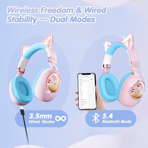 sunvito Kids Headphones Bluetooth 5.4 - Cat Ear LED Light Up Noise Cancelling Wireless Headphones with Mic, 85dB Volume Limited, Wired & Wireless Mode for Travel/School/iPad - Thumbnail 6