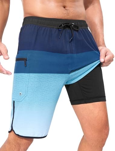 SILKWORLD Mens Bathing Suit Quick Dry Summer Swim Trunks Beach Shorts with Zipper Pockets, Blue Gradient, Large - Image 1