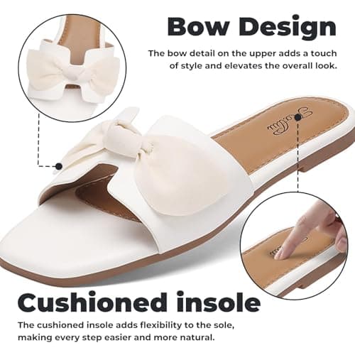 katliu Women's Bow Flat Sandals Square Open Toe Dressy Slide Sandals Slip On Summer Sandals for Wedding Party White 8 - Thumbnail 4