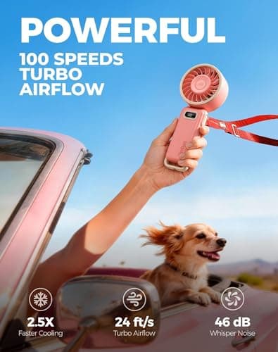 Diveblues Portable Turbo Fan, 7.4m/s High Speed Handheld Fan, 180° Foldable 4-in-1 Personal Neck Fan with Carabiner Clip, 100 Speed Stepless Control, USB-C Rechargeable for Travel, Makeup Hot Flashes - Thumbnail 2