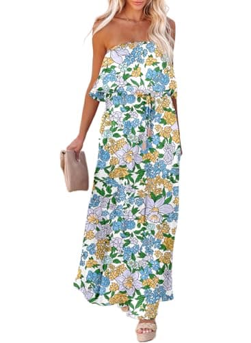 Dokotoo Strapless Floral Dress for Women High Waist Side Split Flowy Sexy Dresses Off The Shoulder Maxi Dress Casual Beach Vacation Dresses Sky Blue - Image 1