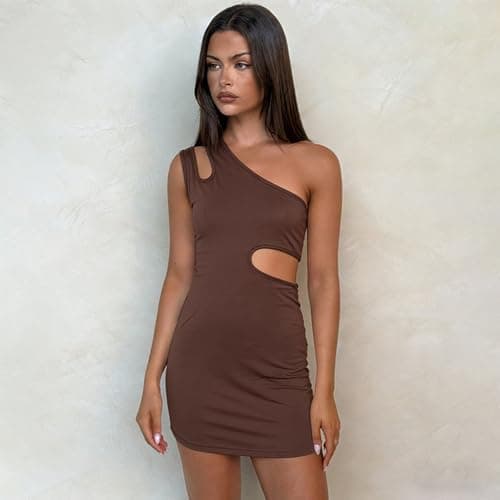 AGVNG Womens Sexy One Shoulder Bodycon Mini Dress Asymmetrical Cut Out Sleeveless Slim Fit Party Club Going Out Short Dresses Brown L - Thumbnail 6