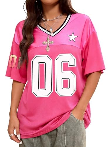 TAKEYAL Oversized Tshirts for Women Graphic Tees V Neck Soccer Jersey Streetwear Summer Y2K Tops Large Pink - Image 1