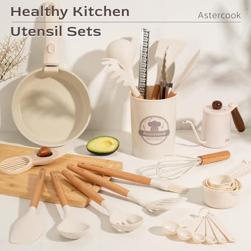 Astercook Kitchen Utensils set, 39 PCS Silicone Cooking Utensils Set with Wooden Handle, 446°F Heat Resistant Food Grade Utensil Sets, BPA Free Kitchen Gadgets Tools Set for Nonstick Cookware (Cream) - Thumbnail 3