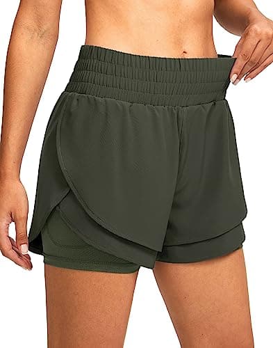 Soothfeel Women's 2 in 1 Running Shorts High Waisted Athletic Shorts Exercise Gym Workout Shorts for Women with Pockets Army Green - Image 1