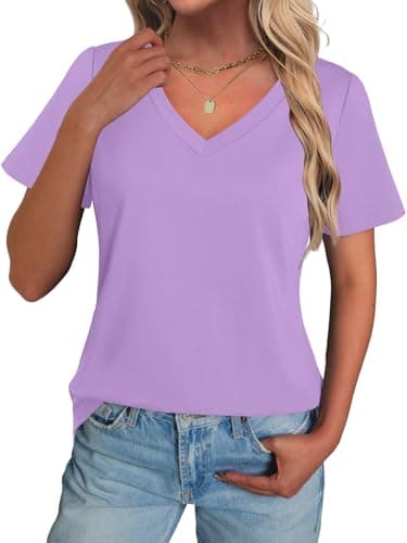 GKBK Women Cotton Shirts V Neck Loose Fit T Shirts Short Sleeve Summer Curved Hem Plain Tee Top Purple M - Thumbnail 2
