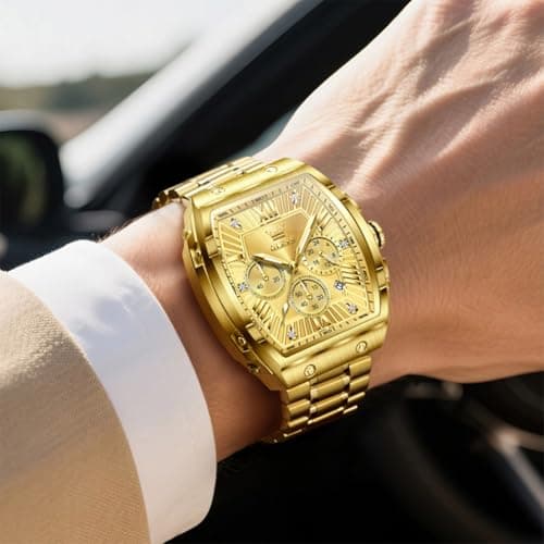 OLEVS Gold Watches for Men Luxury Large Face Rectangle Square Wrist Chronograph Waterproof Mens Watches Fashion Stainless Steel Dress Luminous Quartz Analog Moon Phase Calendar Relojes para Hombres - Thumbnail 3