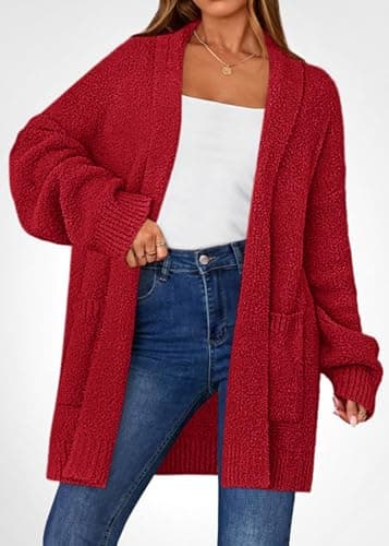 KIRUNDO Cardigan Sweaters for Women 2026 Fall Chunky Fuzzy Knit Open Front Loose Long Sleeve Sweater Coats Winter Clothing(Red, Large) - Thumbnail 3