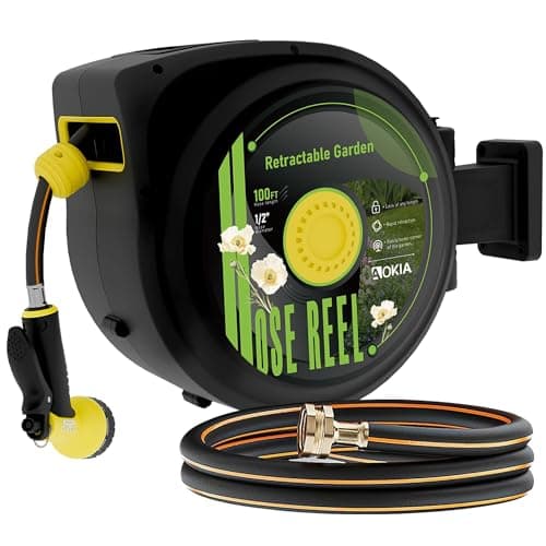 Aokia Retractable Garden Hose Reel, 1/2 in x 100 ft Wall Mounted Heavy Duty Garden Hose Reel with 9 Patterns Nozzle, Any Length Lock, Auto Return System and 180°Swivel Bracket - Image 1