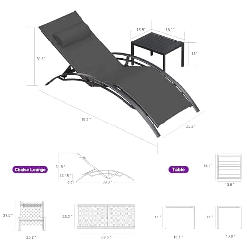 PURPLE LEAF Patio Chaise Lounge Chair Set with 2 Side Table Outdoor Pool Adjustable Recliner Chairs for Outside Beach Poolside Sunbathing Tanning Lounger - Thumbnail 3