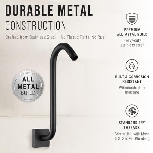 G-Promise All Metal S Shaped Shower Arm with Flange, Wall Mounted Stainless Steel High Rise Gooseneck Pipe Replacement, 10-Inch Lift Height, Compatible with Fixed Shower Head (12 Inch, Matte Black) - Thumbnail 5