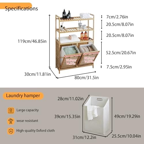 Baveke Bamboo Laundry Hamper with Shelf - 3-Tier Tilt Out Dirty Clothes Basket Organizer, FSC-Certified Moisture Resistant Storage for Bathroom, Bedroom, Laundry Room (Natural, 2 Bags) - Thumbnail 2