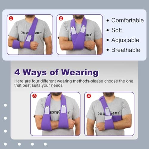 supregear Arm Sling Shoulder Immobilizer, Rotator Cuff Support Brace, Lightweight Comfortable Sling for Shoulder Injury, Broken, Dislocated, Fracture, Strain, Left Right, Men Women, Purple - Thumbnail 2