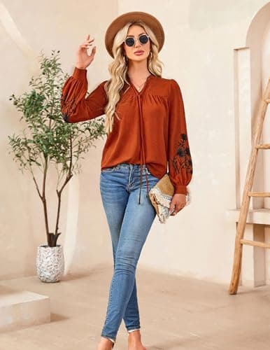 LOOKBOHO Womens Boho Tops V Neck Embroidered Shirt Long Sleeve Dressy Casual Vacation Trendy Blouses Brown XXL - Thumbnail 6
