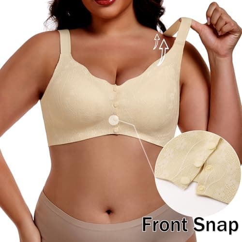 Women's Daisy Bras Front Snap Closure No Underwire Comfortable Soft Seamless Wireless Lace Bralettes Senior Full Coverage Anti Saggy Breast Tshirt Everyday Bra Apricot, L - Thumbnail 2
