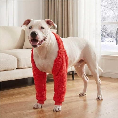 LovinPet Dog Front Leg Warmers for Medium Large Dogs, Double-Sided Fleece Elbow & Knee Sleeve, Adjustable Recovery Leg Protector, Anti-Lick, Anti-Chafe, Cold Weather Keep Warm, Red, XL - Thumbnail 6