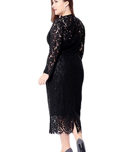Eternatastic Women's Floral Lace Long Sleeve Plus Size Lace Dress Black XL - Thumbnail 4