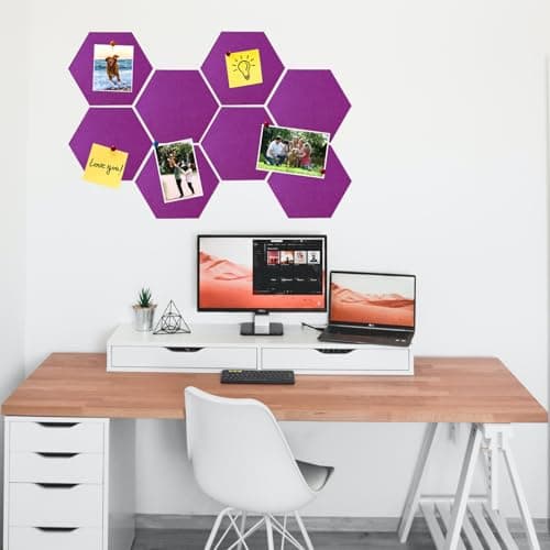 HULAVO 8 Pcs Hexagon Felt Cork Bulletin Board Tiles, Self Adhesive DIY Bulletin Board Pin Board for Office School Home Wall Decor Memos Photos Display(Light Purple) - Thumbnail 2