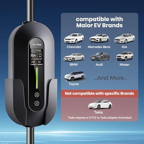 YLITES 32A Level 2 Portable EV Charger, 7.68kW 240V Fast Charging, 25ft Cable, Level 1 & 2 Support, Adjustable Current & Timer, NEMA 14-50 + 5-15 Adapter, J1772 to Tesla Adapter Included - Thumbnail 6