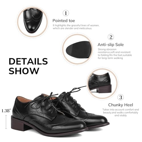 Yremael Women Black Oxfords Lace Up Pointed Toe Classic Business Formal Wingtip Brogue Dressy Shoes - Thumbnail 5