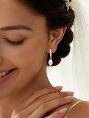 POAIIU Gold Pearl Earrings for Women, Pearl Drop Earrings 14K Plated CZ Pave Huggie, Pearl Hoop Earrings Bridesmaid Earrings Tarnish Resistant - Thumbnail 2