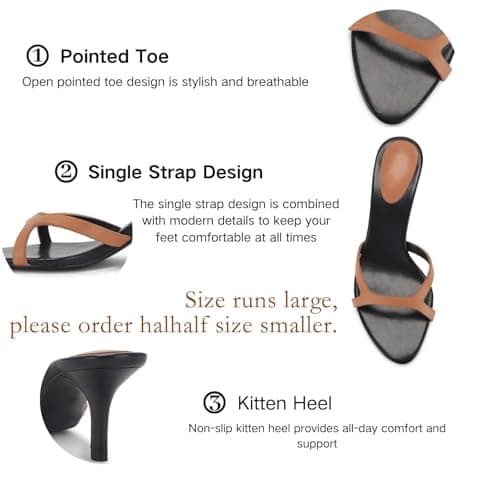 QIV Brown Kitten Heels for Women Single Strap Low Heel Open Toe Mule Shoes Non Slip Sandals Size 6.5 - Thumbnail 4