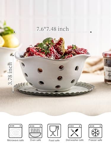 Gomakren Fruit Basket Set of 2, Ceramic Fruit Bowl Berry Basket with Holes, 7.6 Inch Fruit Containers Colander for Fridge - Farmhouse Kitchen Decor, White - Thumbnail 3