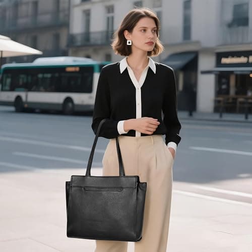 befen Genuine Leather Tote Bag for Women Work,Black Leather Tote Bag,Large Women's Zippered Shoulder Bags Purses Satchel Handbags with Top Handles Work Purse for Daily Travel - Thumbnail 2