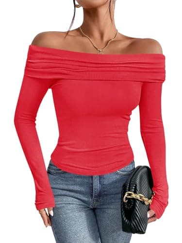 Imily Bela Women's Off The Shoulder Tops Long Sleeve Slim Fitted Y2K Sexy Going Out Nightout Blouse Shirts Red