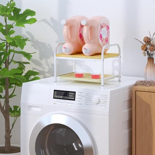 2-in-1 Laundry Detergent Holder & Organizer with Drip Tray, 2-Tier Metal Shelf for Countertop - Soap Dispenser & Storage Stand for Laundry Room, Kitchen, Bathroom, White - Thumbnail 2