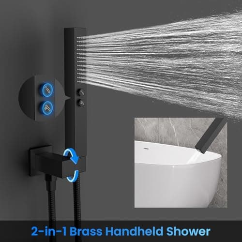 Orovessina Shower Faucet Set, 12" Ceiling Mount Rainfall Shower System with 2 Rain Shower Heads, 2-in-1 Handheld, Solid Brass Pressure Balancing Shower Valve and Trim Kit, Matte Black - Thumbnail 5