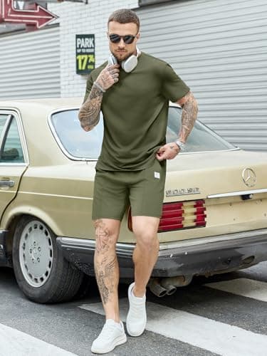 JEMLDL Mens Two Piece Summer Outfit Lounge Wear Comfortable Fashion Short Sleeve Shirt & Shorts Casual Clothing Fashion Set Olive XL - Thumbnail 5