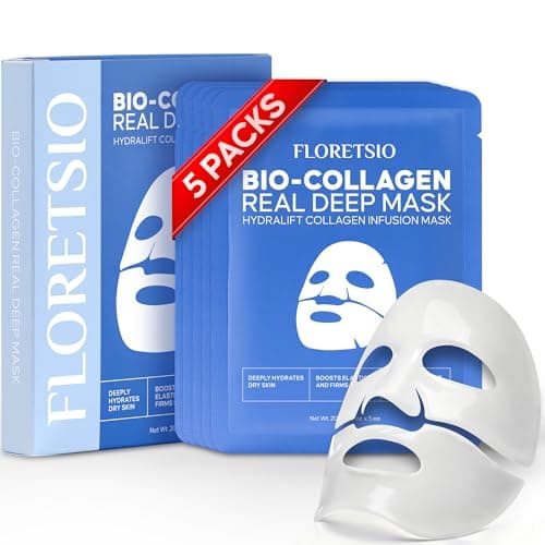 Floretsio Bio-Collagen Real Deep Mask: Overnight Hydrating, Pore Minimizing, Glowing - Hydrogel With Hyaluronic Acid & Cica - Ultra Low Molecule - Women & Men - 5 Pcs - Image 1