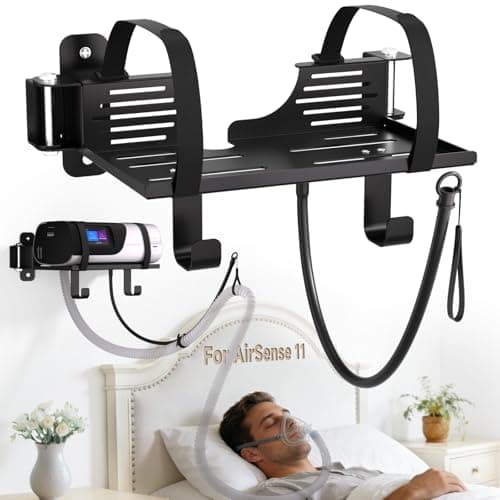 Godboat CPAP Wall Mount Shelf for Resmed Airsense 11 Machine - 180° Swivel CPAP Hose Holder, 90° Rotating Hanger with 2 Hooks for Tube Organizer Mask Stand [Tangle-Free], Bedside Bed Room Decor/Black