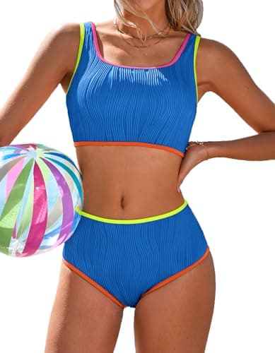 Charmo Women's High Waisted Bikini Sets Neon Two Piece Swimsuits Color Block Bathing Suit Sporty Swimwear - Image 1