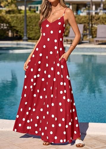 KIRUNDO Polka Dot Dress for Women Summer 2026 Sleeveless Spaghetti Strap Beach Vacation Cruise Boho Long Flowy Maxi Dresses(Red, X-Large) - Thumbnail 3