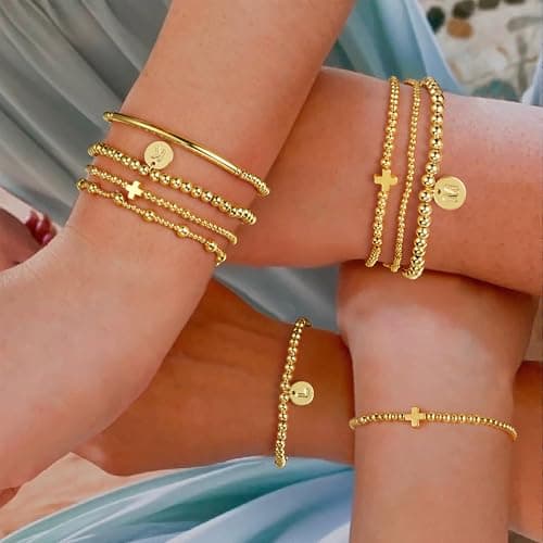 Turandoss 5PCS Cross Beaded Bracelets for Women Jewelry Gifts - Dainty 18K-Gold-Plated Letter A Initial Bracelet Cross Bracelets for Women Layered Stretch Bead Stackable Bracelet Jewelry Set Gifts - Thumbnail 5