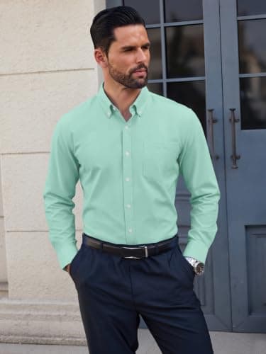 GIANZEN Grade 3.5 Wrinkle-Resistant Men's Light Blue Green Lightweight Oxford Dress Shirts Long Sleeve Casual Pocket Shirt Light Blue Green Size XXL - Thumbnail 3