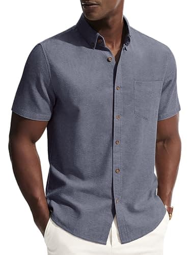 PJ PAUL JONES Mens Dress Shirts Short Sleeve Button Down Men Cotton Linen Summer Beach Collar Shirt with Pocket for Formal Work Navy Blue - Image 1