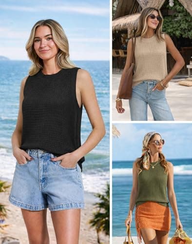 ATHMILE Summer Crochet Tank Tops for Women 2026 Casual Crewneck Hollow Out Loose Knit Sleeveless Sweater Vest Top Trendy Black - Thumbnail 6