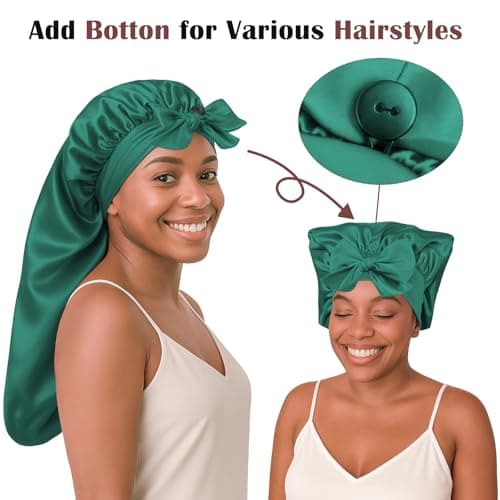 Women's Silky Bonnet - Long Tie Sleep Cap, Curly/Natural Hair, Adj. Night Hat, +10 Scrunchies, Mom/Wife - Thumbnail 2