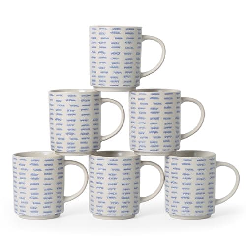 ALOFMO Coffee Mugs Set of 6, 17oz Ceramic Mugs with Handpainted Blue Gray Stripe Pattern, Modern Stackable Coffee Cups, Dishwasher and Microwave Safe Mugs for Home & Office