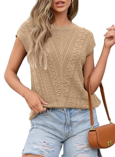 Dokotoo Sweaters Vests for Women Summer Tops Khaki Knit Tank Top for Women Spring Outfits Clothing 2025 Trendy Pullover Sweater Oversized Loose Shirts Fit Crew Neck Cropped Size XX-Large - Image 1
