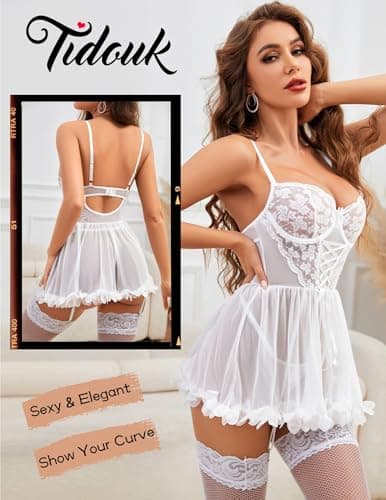 Tidouk Bridal Lingerie Mesh Sexy Wedding Lingerie for Bride Lace Baby Doll Lingerie Dreess with Garter(White,Medium) - Thumbnail 2